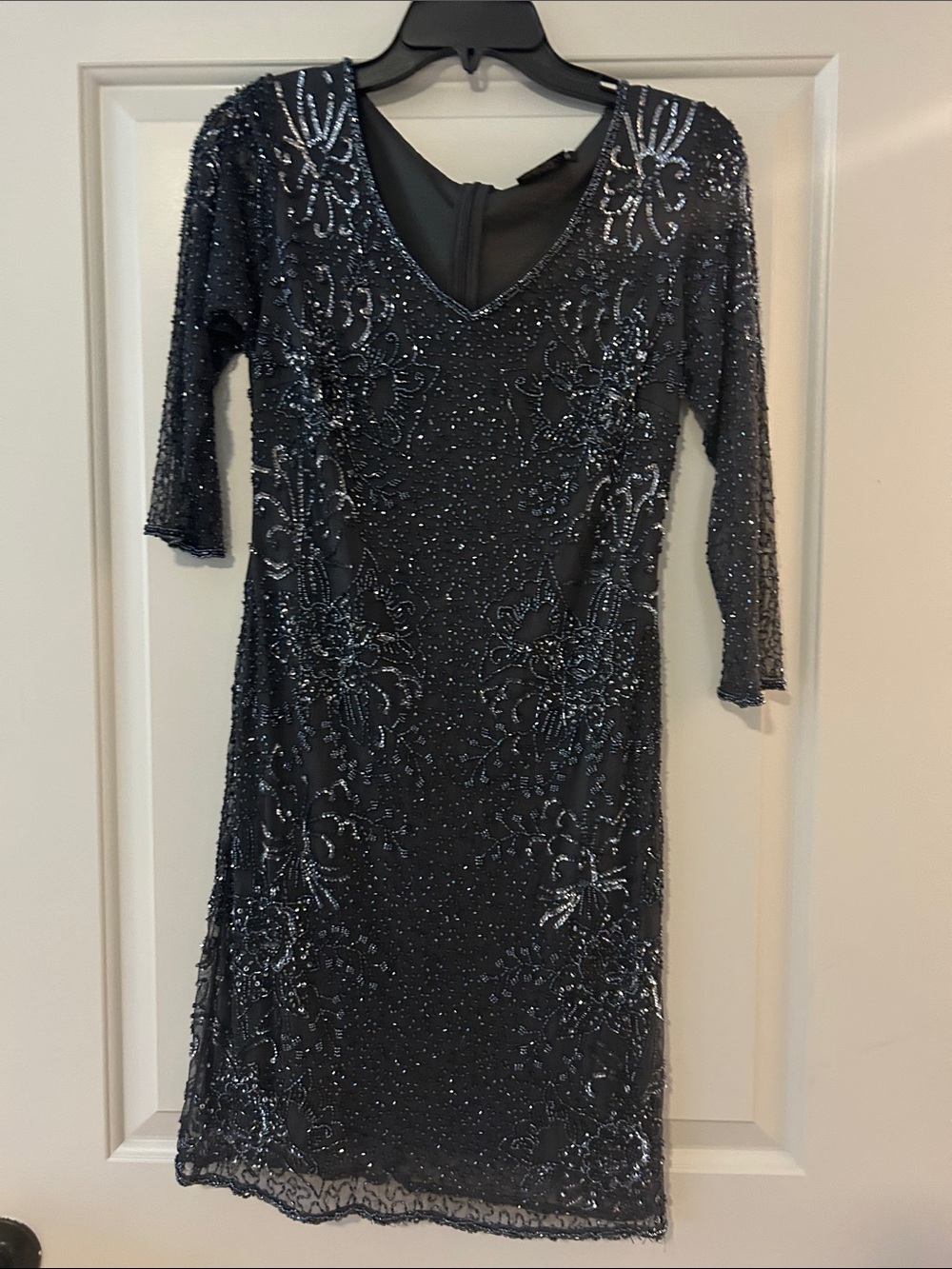 Pisarro Nights Navy Beaded Embellished V-Neck Cocktail Dress